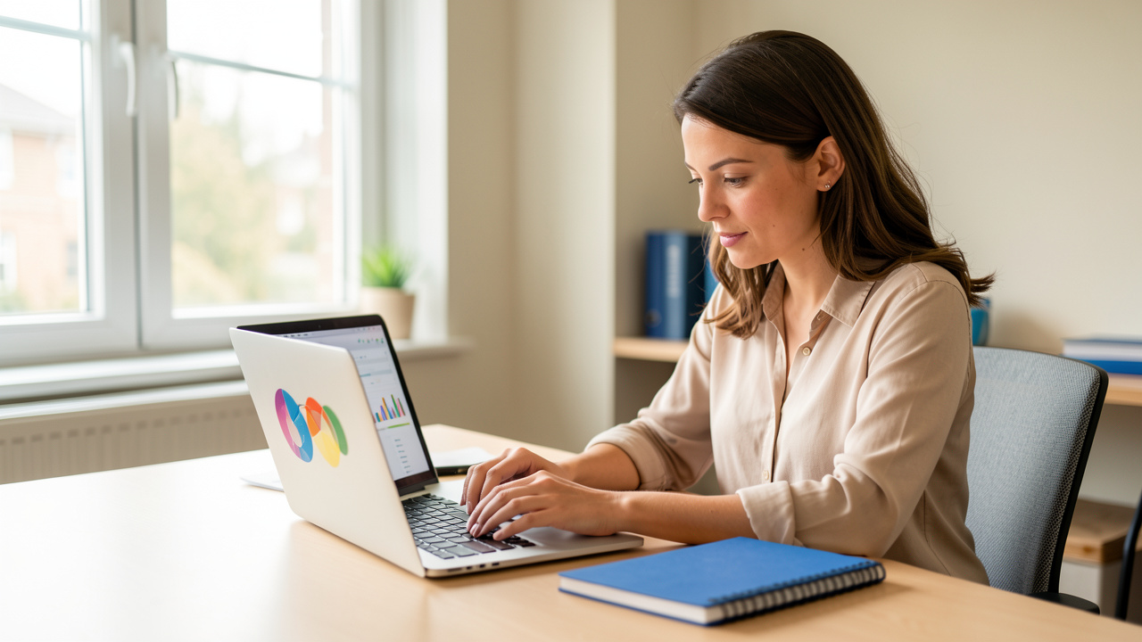 Une entrepreneuse travaille sur une stratégie digitale devant un ordinateur portable, avec des graphiques visuels et un carnet dans un bureau lumineux.
